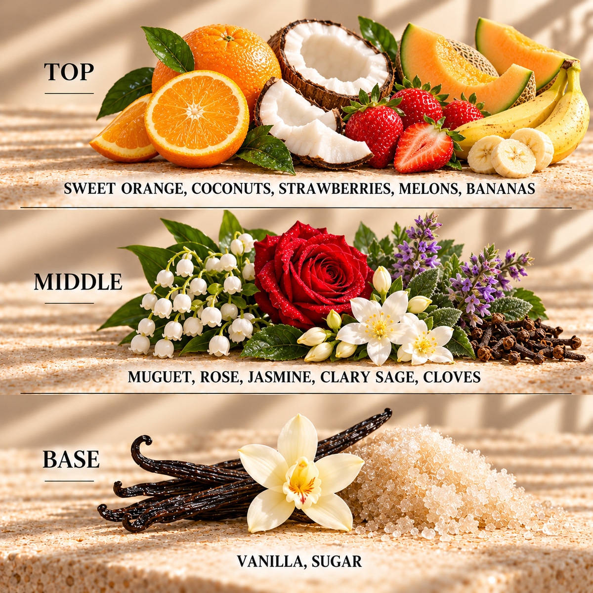 Top, middle and base scent notes for Blush Sands floral inspired wax melt by Smith & Kennedy Scents