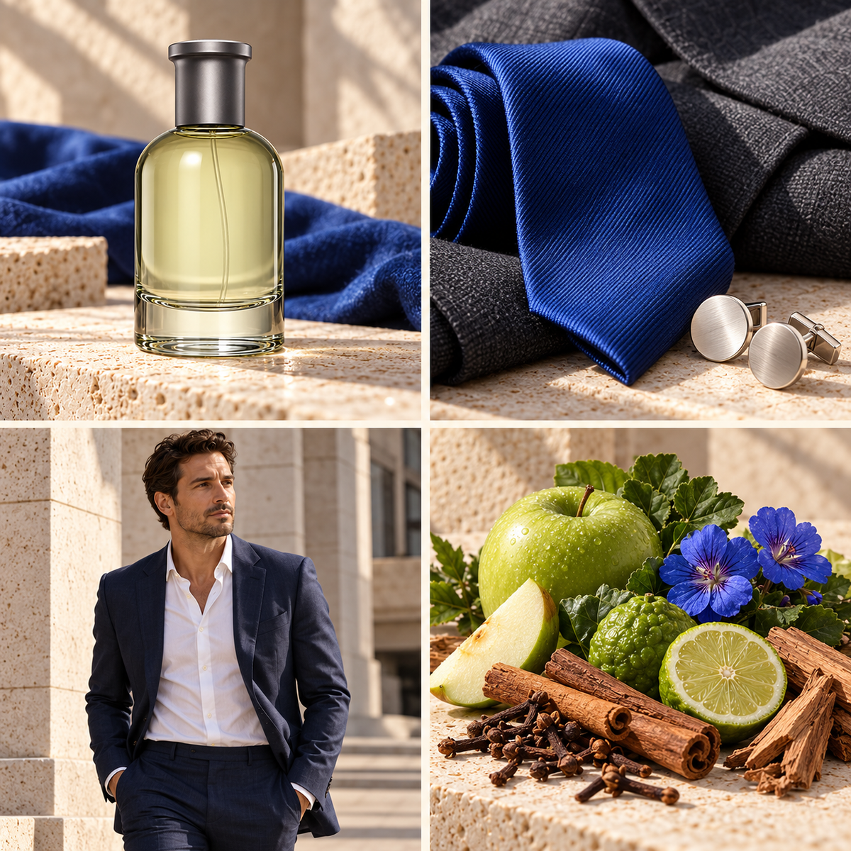 Boss aftershave inspired wax melt mood board with apple, citrus, spice and woods, coordinated fabrics and men's styling by Smith & Kennedy Scents.