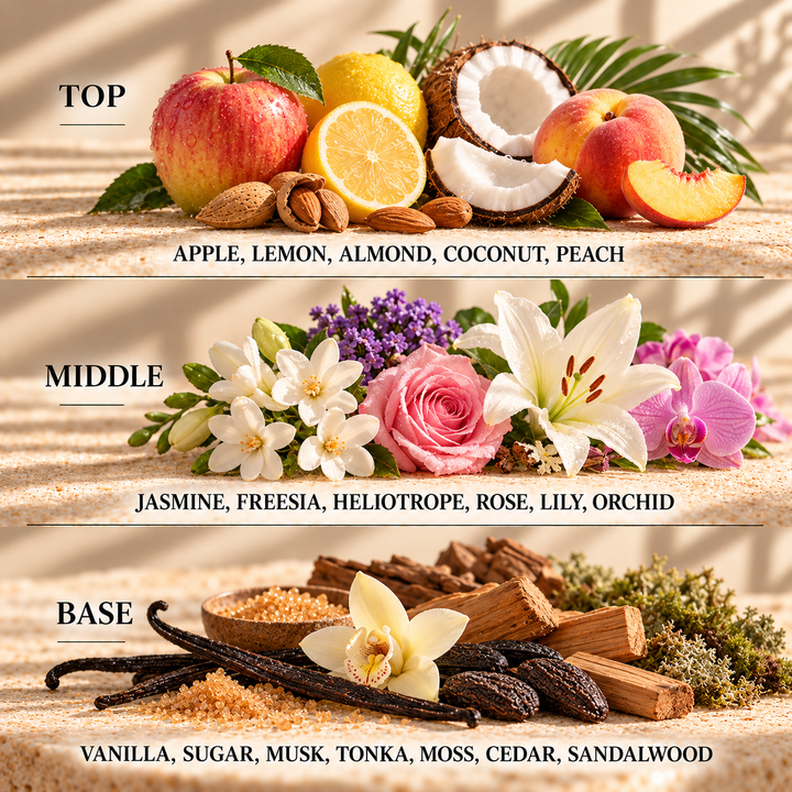 Top, middle and base scent notes for Brazilian Bum Bum body cream inspired wax melt by Smith &amp; Kennedy Scents