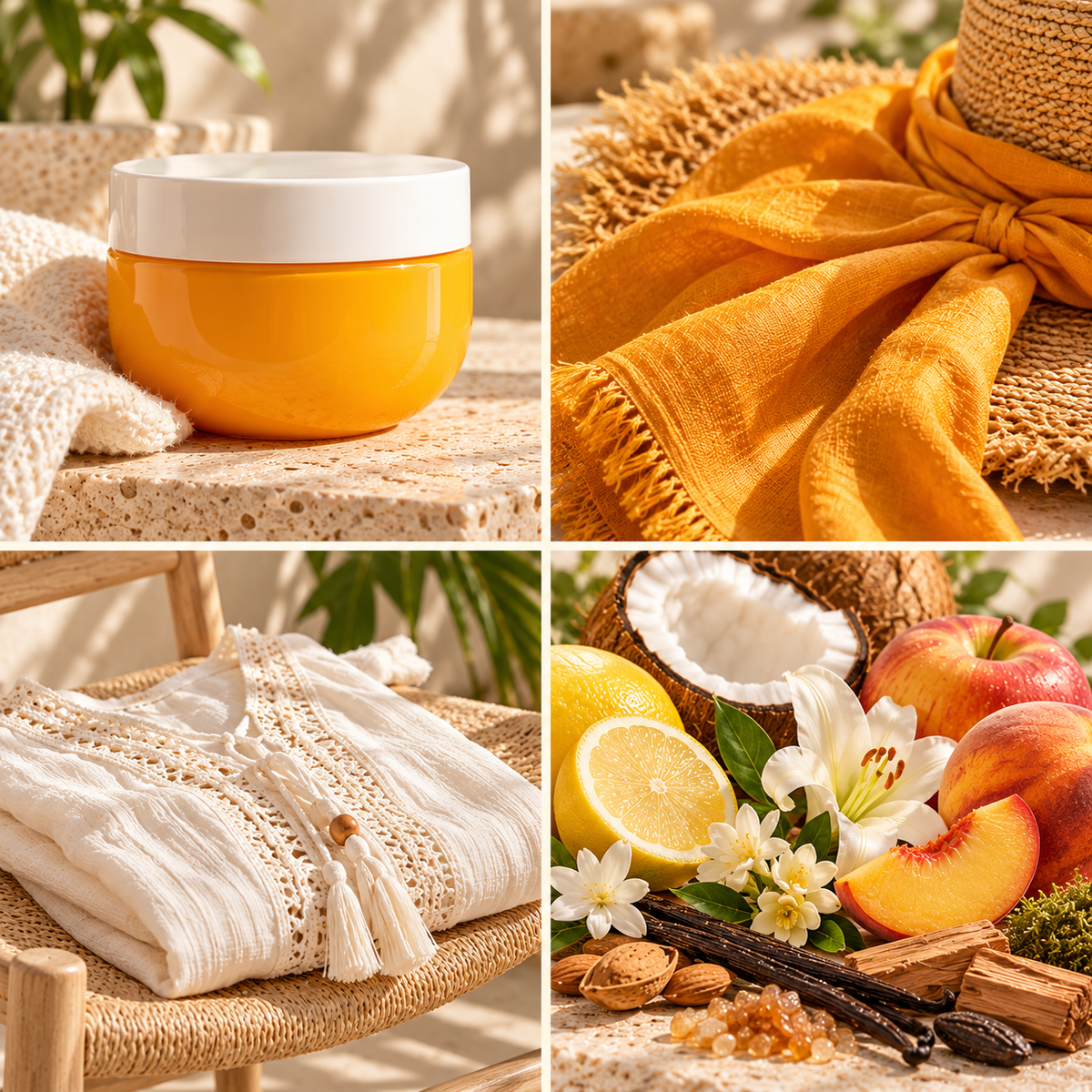 Brazillian Bum Bum wax melt mood board with an orange body cream jar, warm tropical notes and soft fabrics.