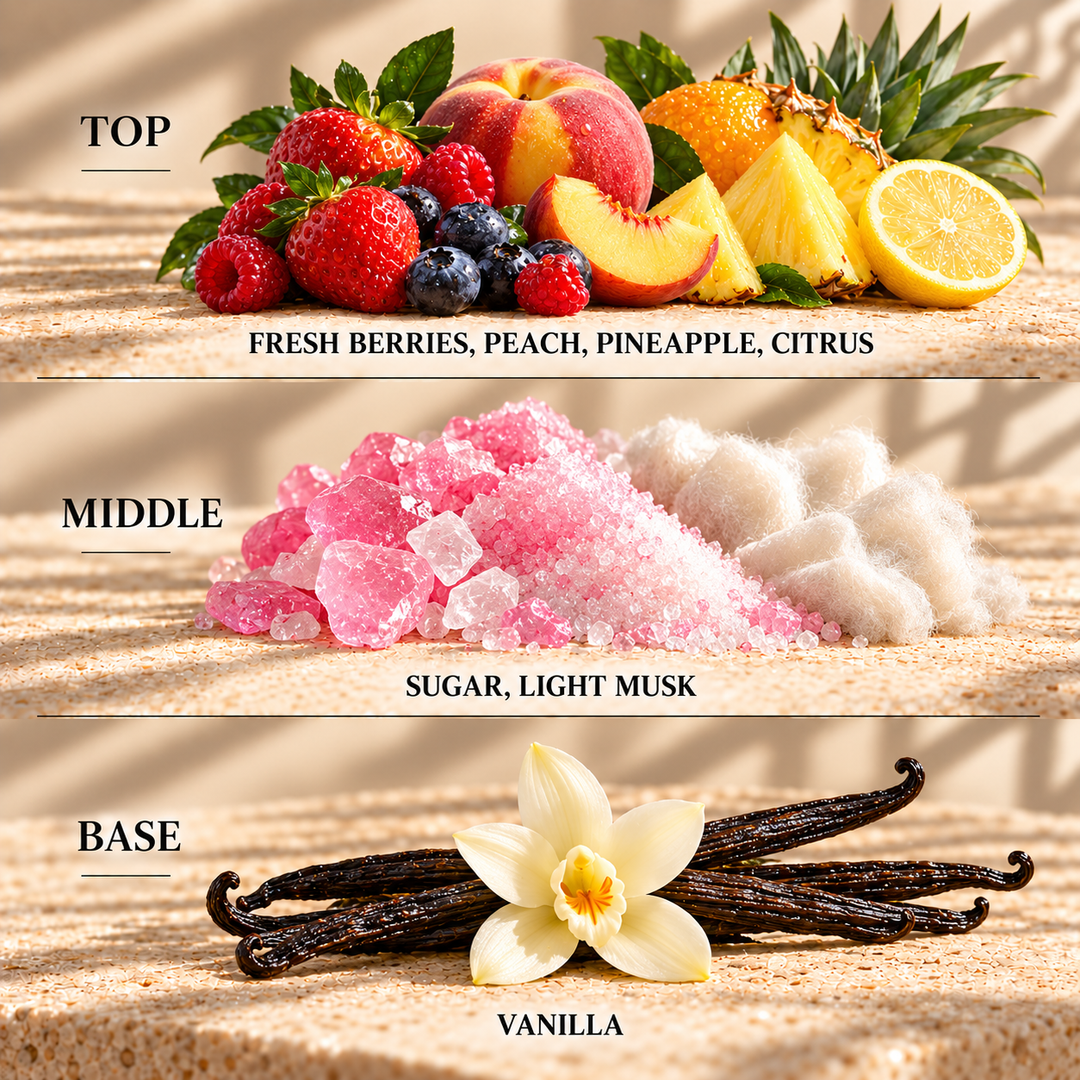 Top, middle and base scent notes for Bubble Gum sweet inspired wax melt by Smith &amp; Kennedy Scents