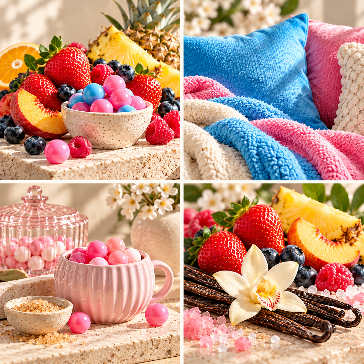 Bubble Gum wax melt mood board with pink and blue bubblegum, colourful fabrics and juicy fruit.