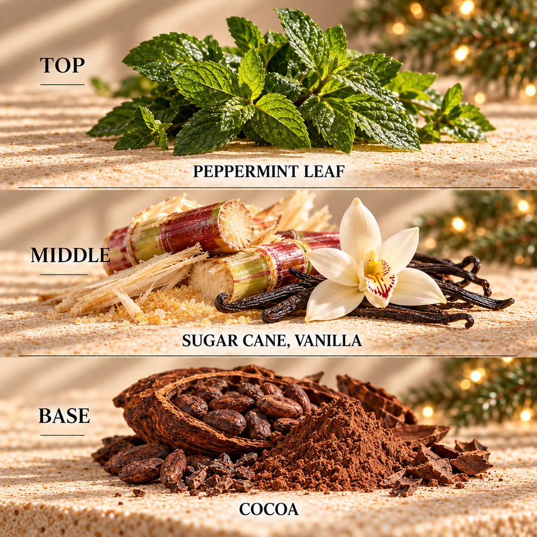 Candy Cane fragrance notes: top Peppermint Leaf; middle Sugar Cane, Vanilla; base Cocoa