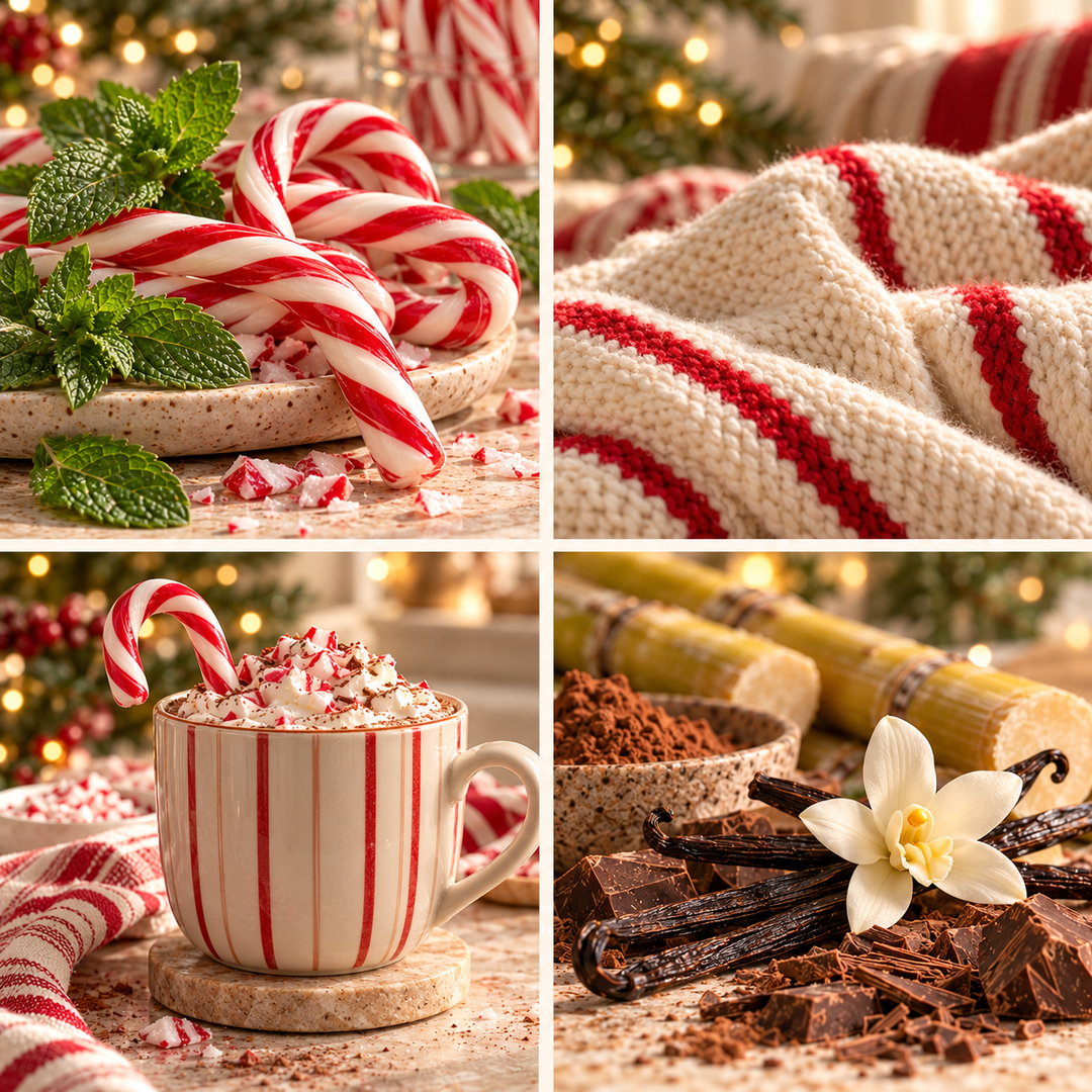 Candy Cane Christmas wax melt mood board with peppermint candy canes, red-striped knitwear and peppermint hot chocolate.