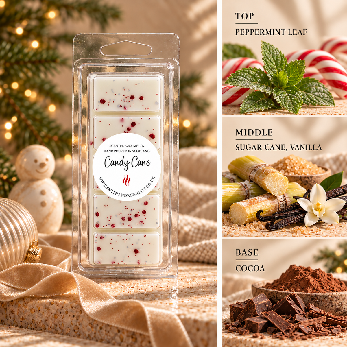 Candy Cane Christmas wax melt snap bar by Smith & Kennedy Scents with festive styling and fragrance notes
