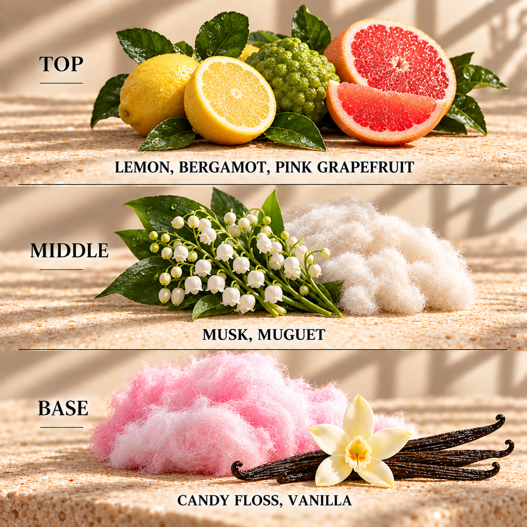 Top, middle and base scent notes for Candy Floss sweet inspired wax melt by Smith &amp; Kennedy Scents