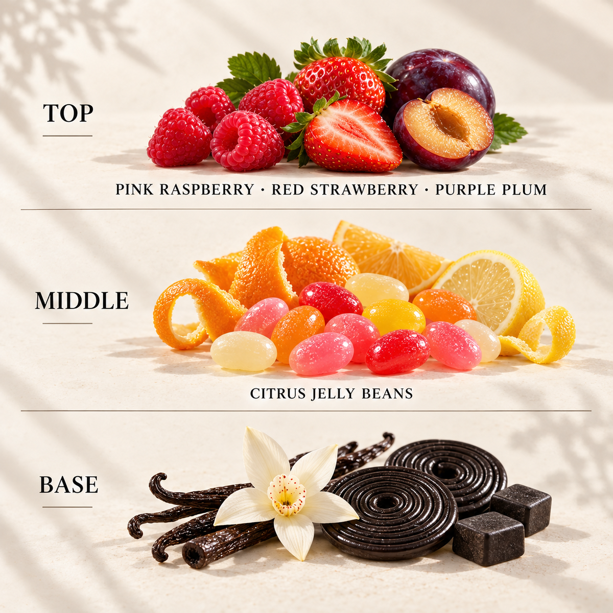 Top, middle and base scent notes for Candy Man halloween inspired wax melt by Smith & Kennedy Scents