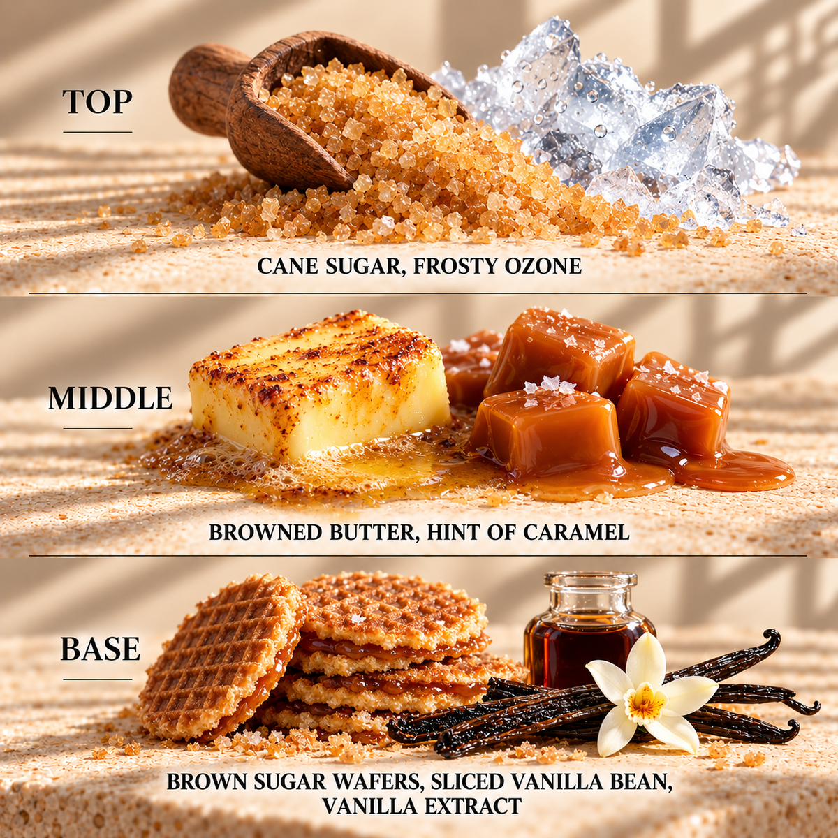 Top, middle and base scent notes for Caramel Waffle bakery inspired wax melt by Smith & Kennedy Scents