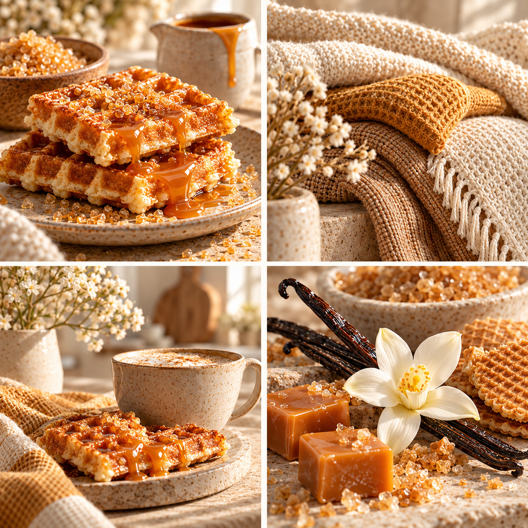 Caramel Waffle wax melt mood board with caramel waffles, cosy golden textiles and vanilla.