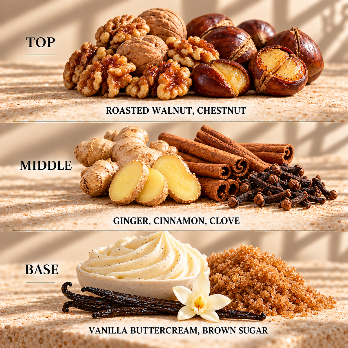 Top, middle and base scent notes for Carrot Cake bakery inspired wax melt by Smith & Kennedy Scents