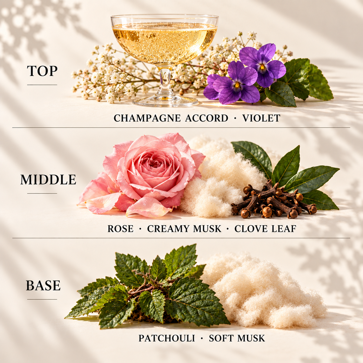 Top, middle and base scent notes for Champagne Supernova autumn inspired wax melt by Smith & Kennedy Scents