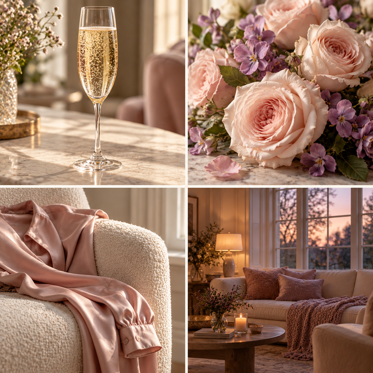 Four-panel mood board for Champagne Supernova wax melts: a champagne flute, delicate flowers, pink satin and an elegant evening room.