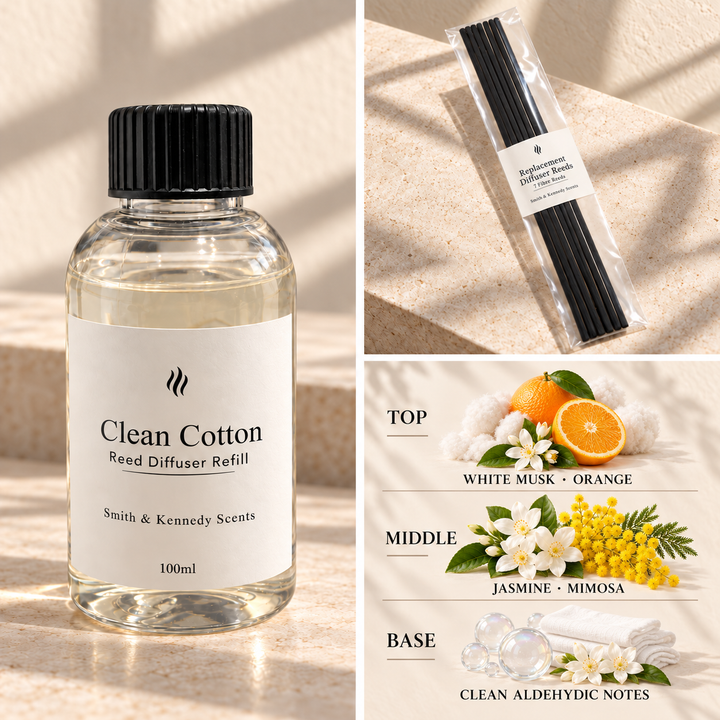 Clean Cotton 100ml reed diffuser refill bottle, included pack of 7 fibre reeds and fragrance notes
