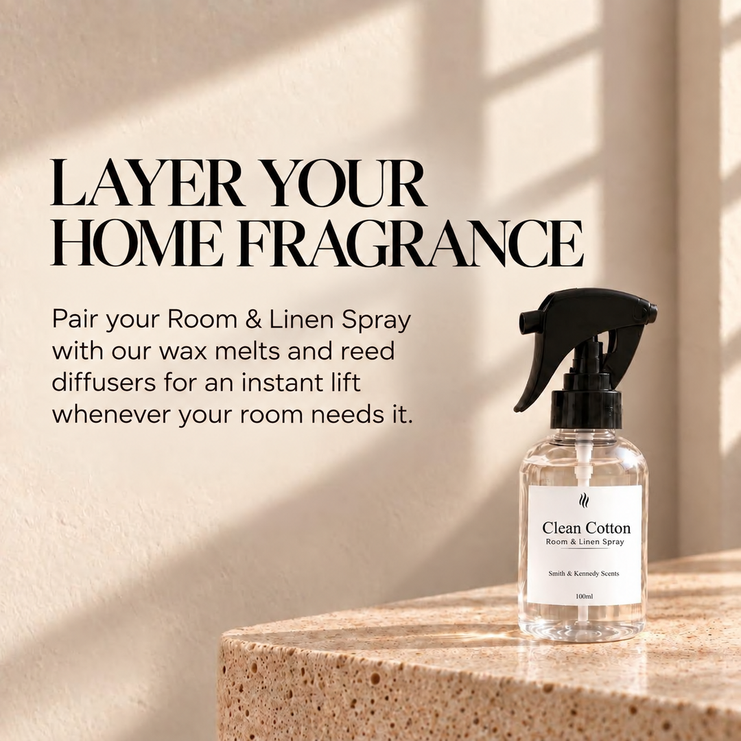 Layer your home fragrance with Clean Cotton Room &amp; Linen Spray, wax melts and reed diffusers