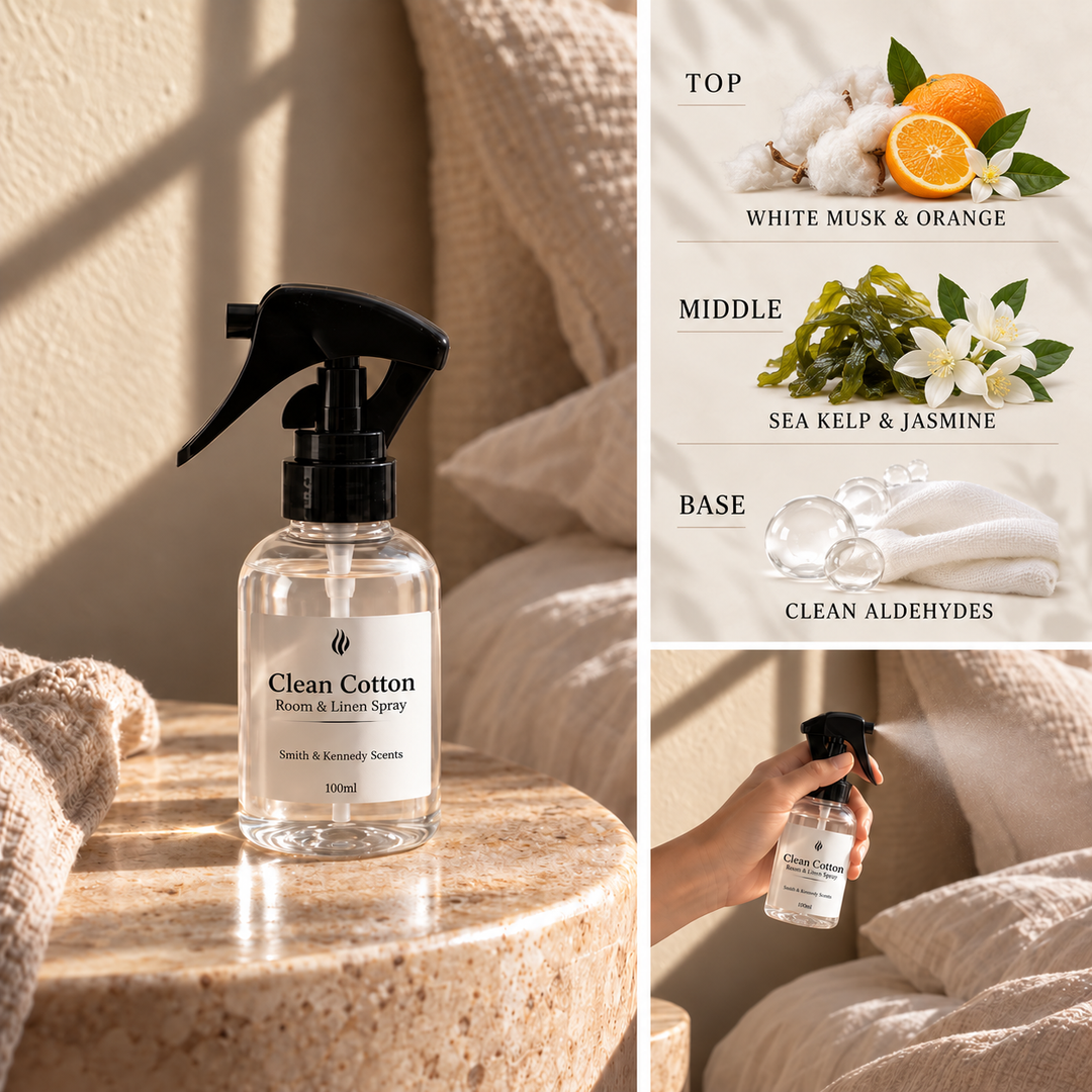 Clean Cotton Room &amp; Linen Spray with white musk, orange, sea kelp, jasmine and clean aldehydic notes