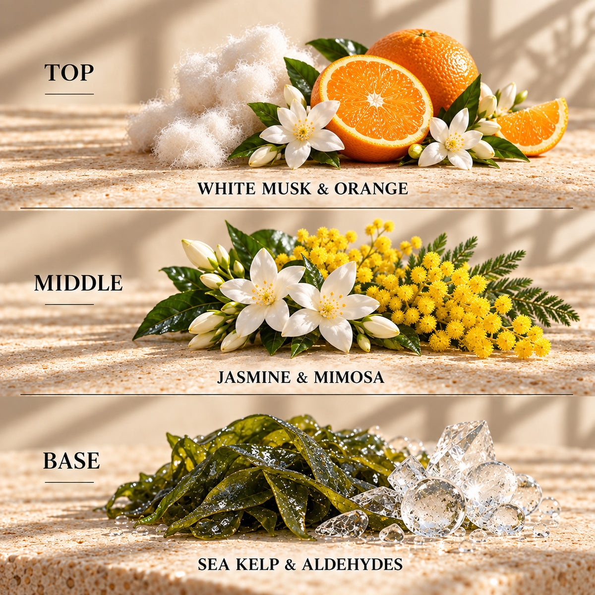 Top, middle and base scent notes for Clean Cotton laundry inspired wax melt by Smith & Kennedy Scents