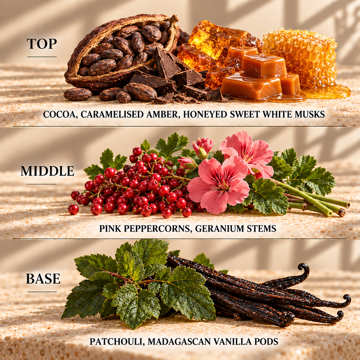 Top, middle and base scent notes for Cocoa & Patchouli bakery inspired wax melt by Smith & Kennedy Scents