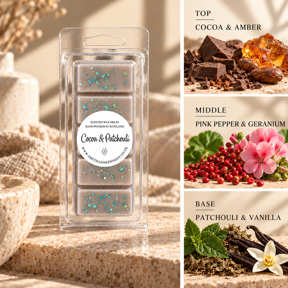 Cocoa & Patchouli bakery inspired wax melt snap bar by Smith & Kennedy Scents