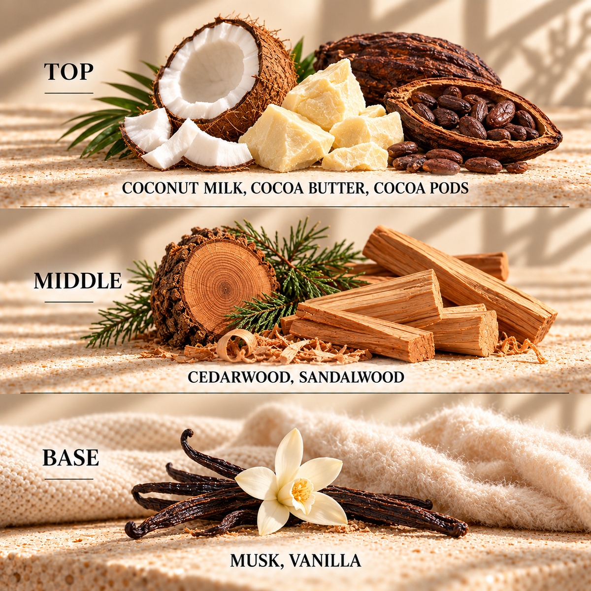 Top, middle and base scent notes for Cocoa & Sandalwood spa inspired wax melt by Smith & Kennedy Scents
