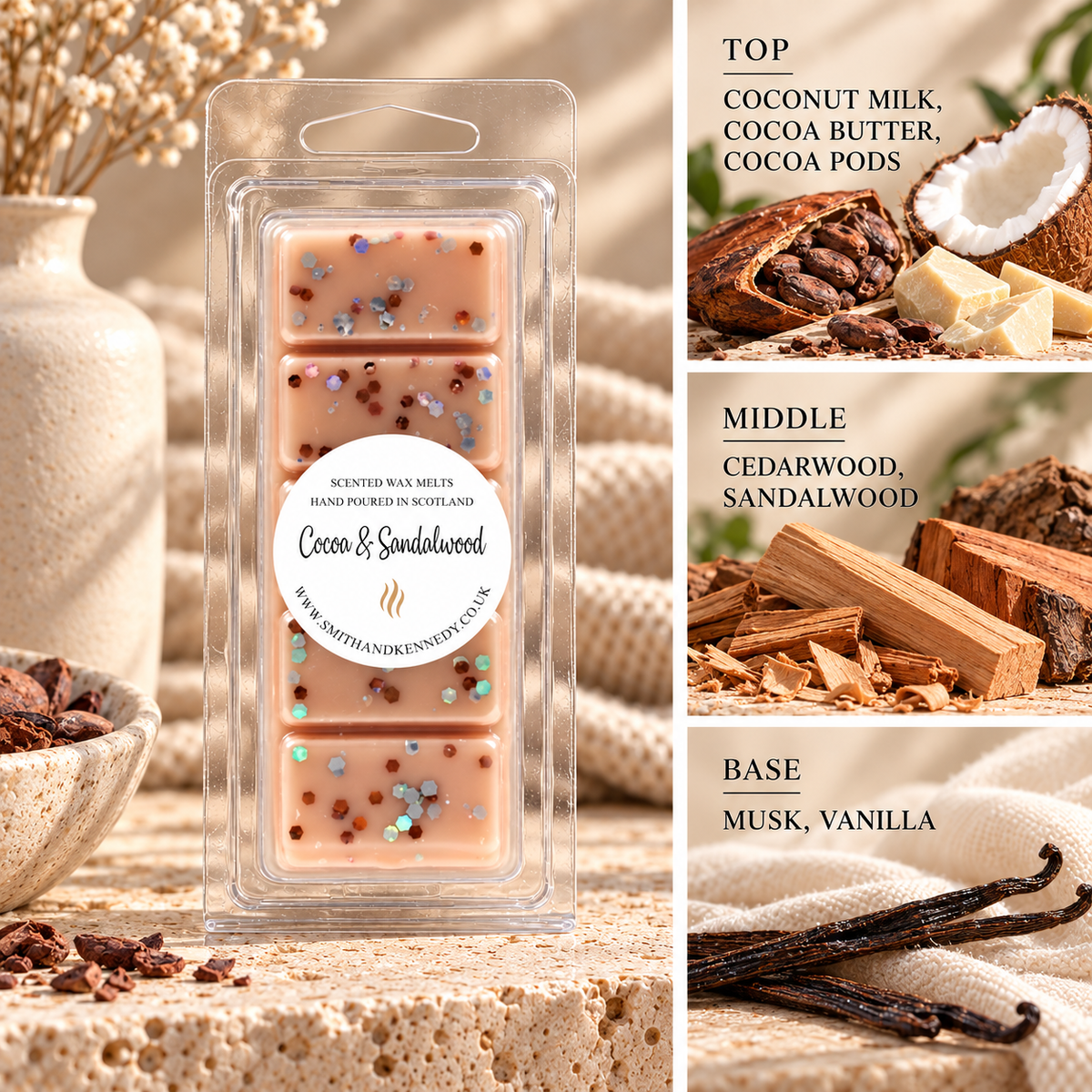 Cocoa & Sandalwood spa inspired wax melt snap bar by Smith & Kennedy Scents