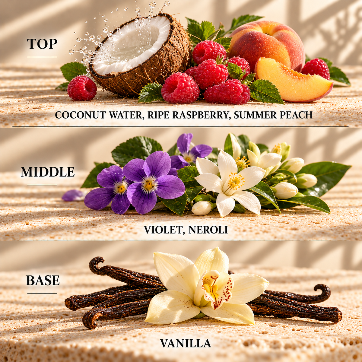 Top, middle and base scent notes for Coconut Water & Raspberry fruity inspired wax melt by Smith & Kennedy Scents