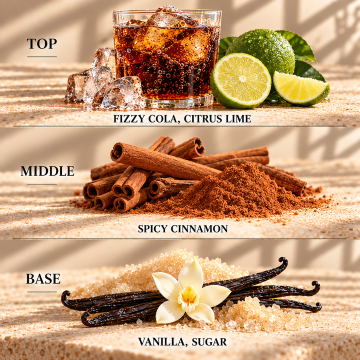 Top, middle and base scent notes for Cola Cubes sweet inspired wax melt by Smith &amp; Kennedy Scents