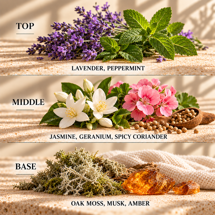 Top, middle and base scent notes for Cool Waters aftershave inspired wax melt by Smith &amp; Kennedy Scents