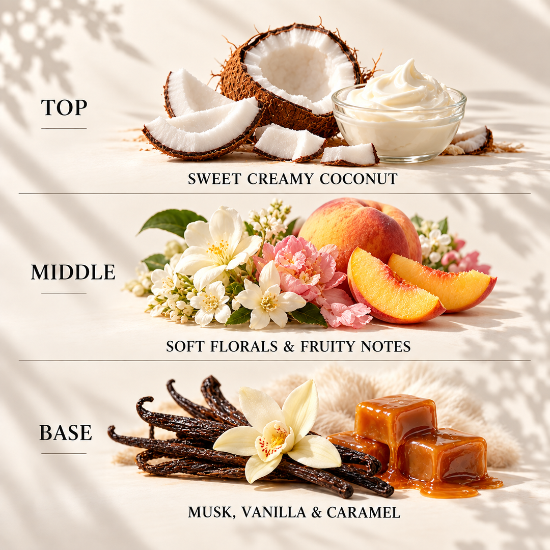 Top, middle and base scent notes for Cosy Cappuccino autumn inspired wax melt by Smith &amp; Kennedy Scents