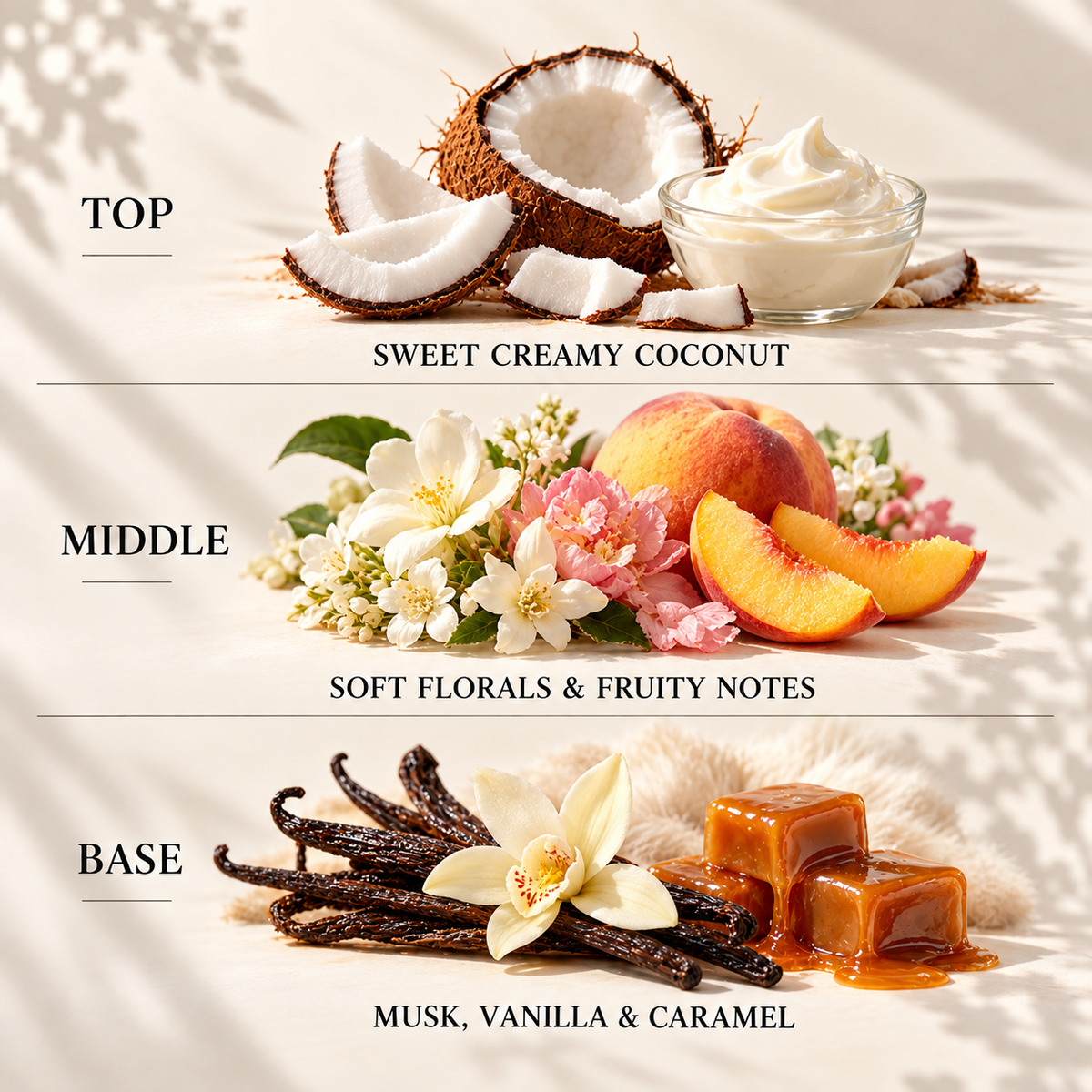 Top, middle and base scent notes for Cosy Cappuccino autumn inspired wax melt by Smith & Kennedy Scents