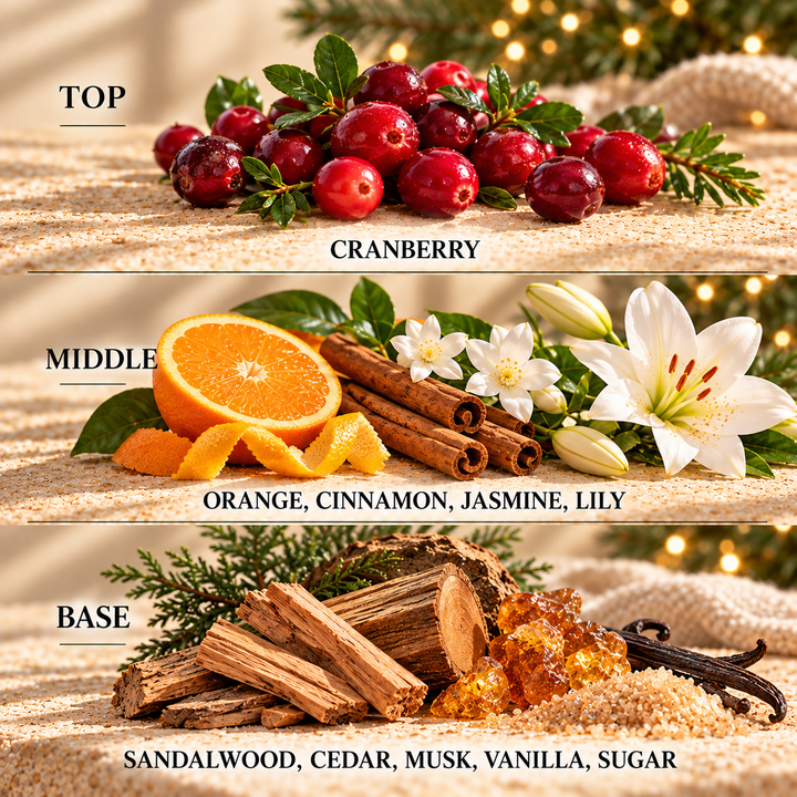 Cranberry Orange &amp; Cinnamon fragrance notes: top Cranberry; middle Orange, Cinnamon, Jasmine, Lily; base Sandalwood, Cedar, Musk, Vanilla, Sugar