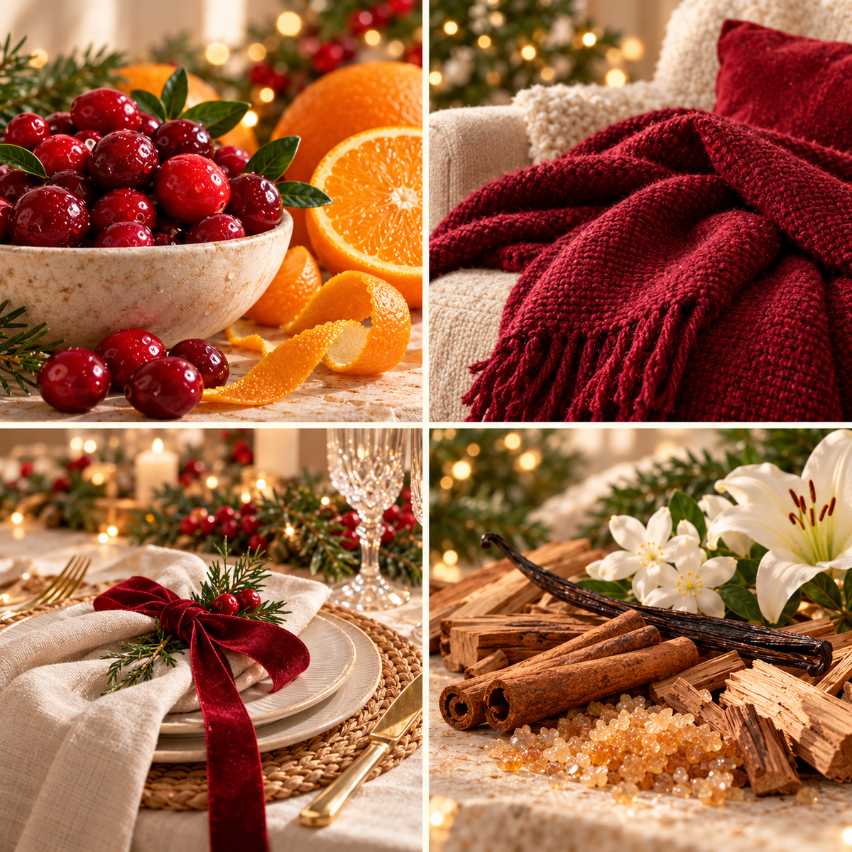 Cranberry Orange & Cinnamon Christmas wax melt mood board with cranberries, orange, deep red knitwear and a festive place setting.