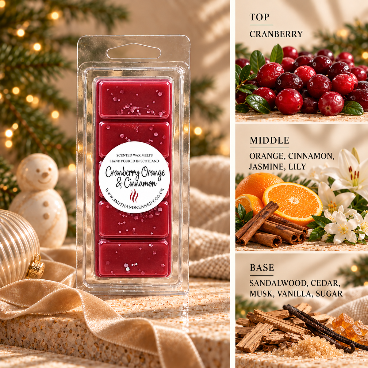Cranberry Orange & Cinnamon Christmas wax melt snap bar by Smith & Kennedy Scents with festive styling and fragrance notes