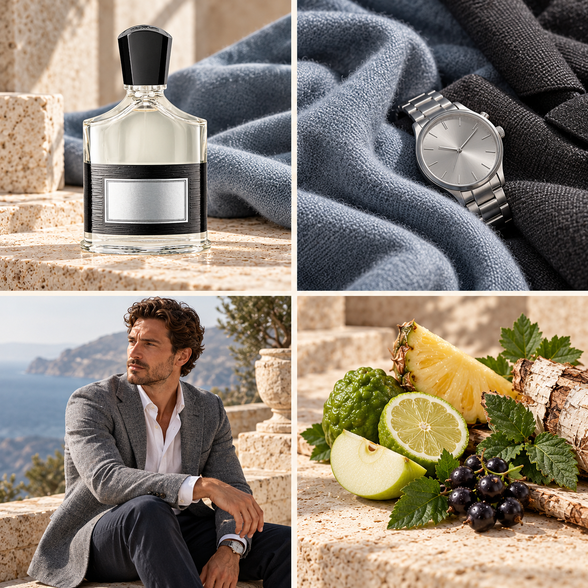 Creed aftershave inspired wax melt mood board with pineapple, bergamot, blackcurrant and birch, coordinated fabrics and men's styling by Smith & Kennedy Scents.