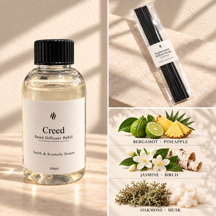 Creed 100ml reed diffuser refill bottle, included pack of 7 fibre reeds and fragrance notes