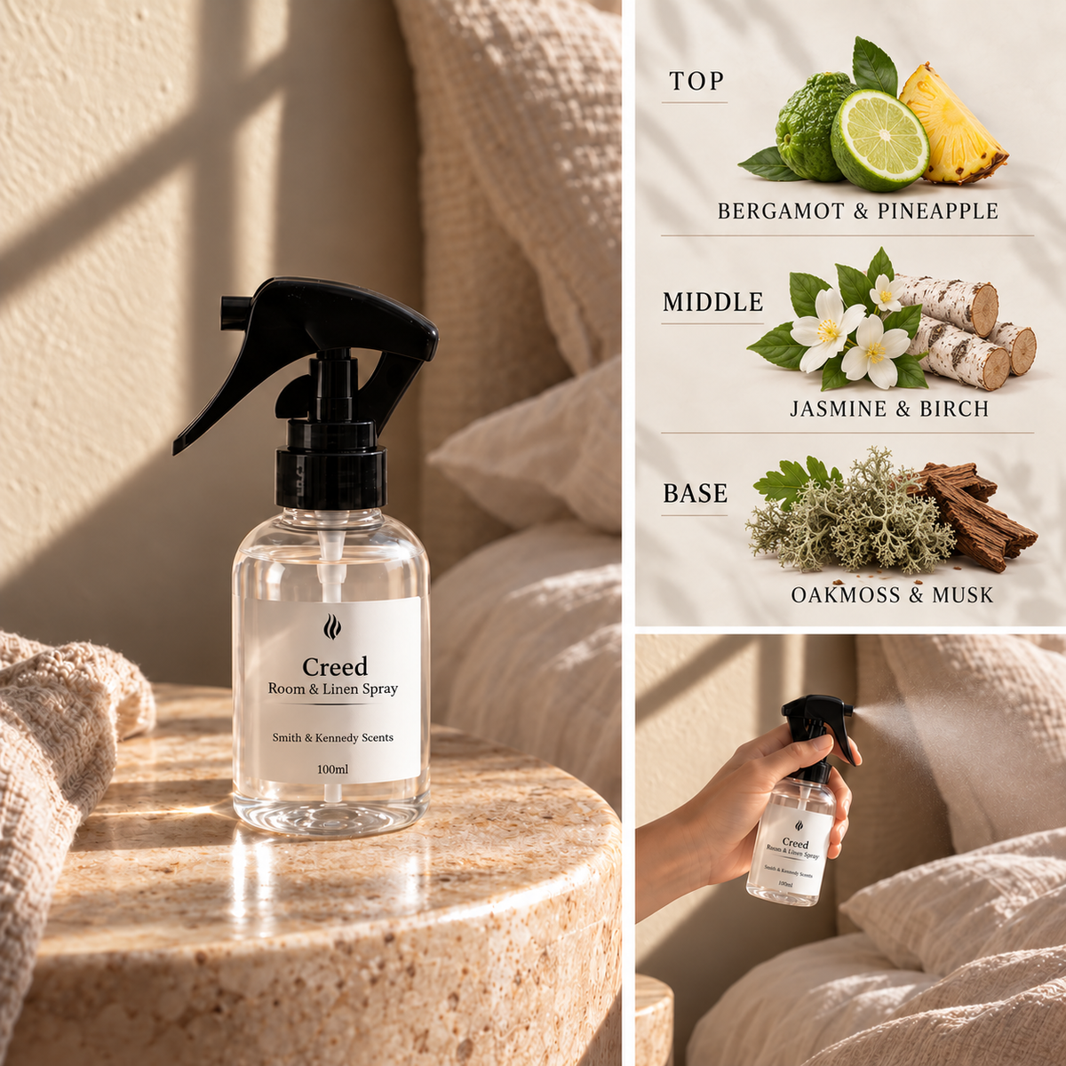 Creed Room & Linen Spray with bergamot, pineapple, birch, oakmoss and musk fragrance notes