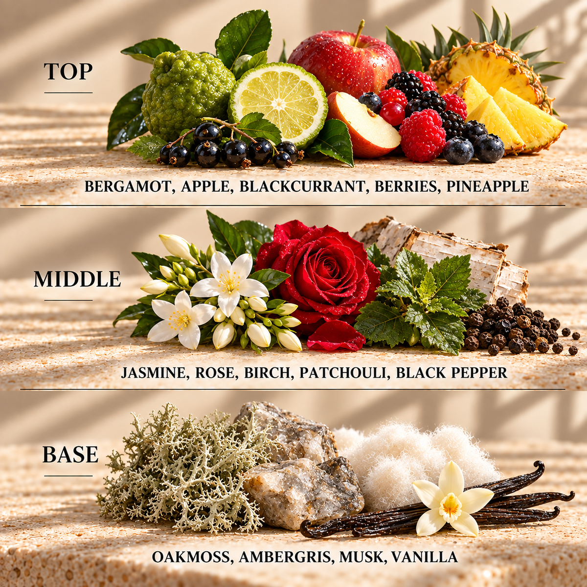 Top, middle and base scent notes for Creed aftershave inspired wax melt by Smith & Kennedy Scents