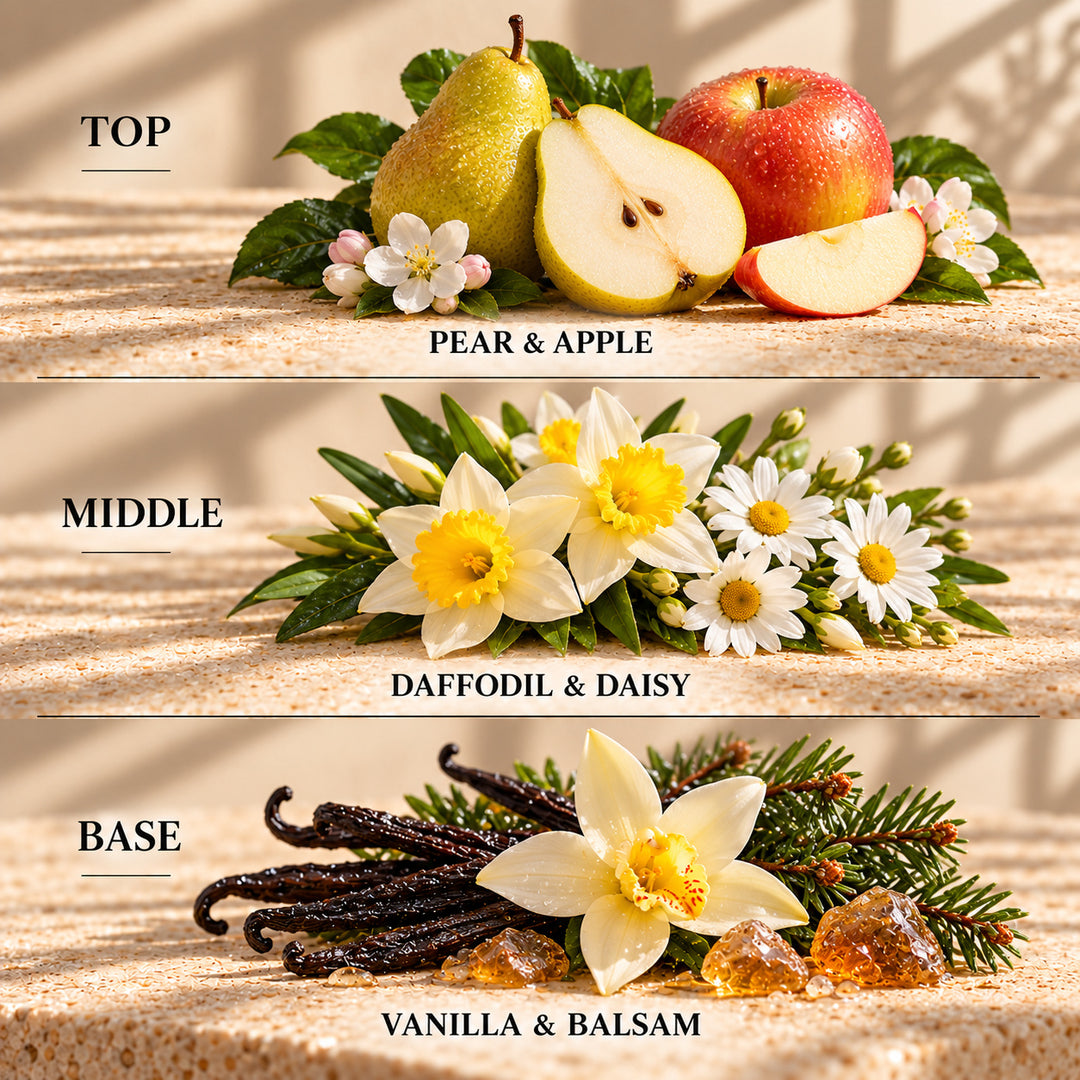 Top, middle and base scent notes for Daffodil &amp; Vanilla laundry inspired wax melt by Smith &amp; Kennedy Scents