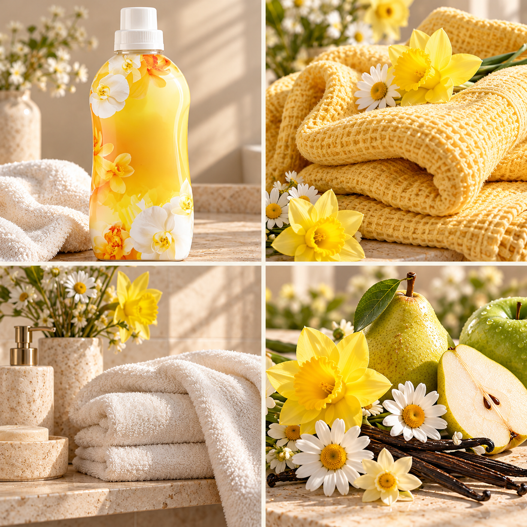 Daffodil &amp; Vanilla wax melt mood board with a yellow fabric conditioner bottle, daffodils and vanilla.