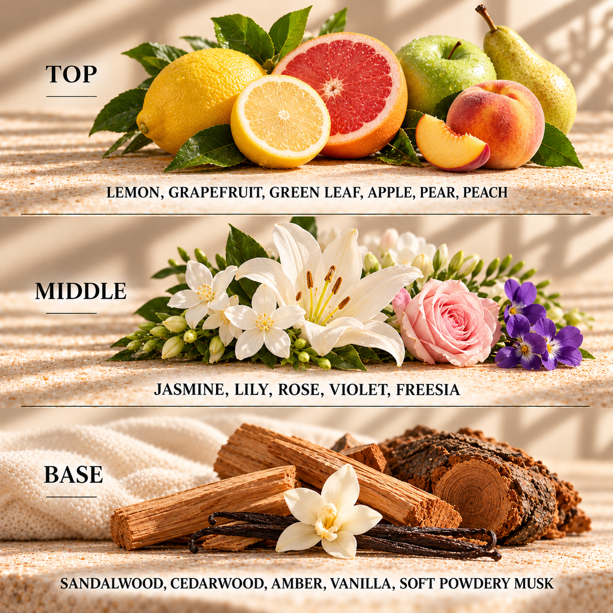 Top, middle and base scent notes for Daisy perfume inspired wax melt by Smith & Kennedy Scents