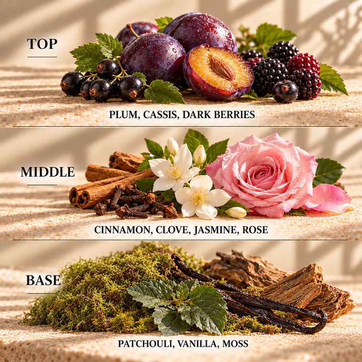Top, middle and base scent notes for Damson Plum &amp; Rose Patchouli fruity and floral scented wax melt by Smith &amp; Kennedy Scents