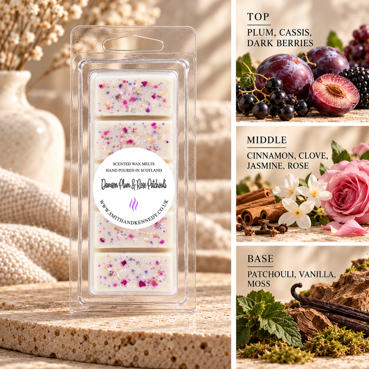 Damson Plum & Rose Patchouli fruity and floral scented wax melt snap bar by Smith & Kennedy Scents