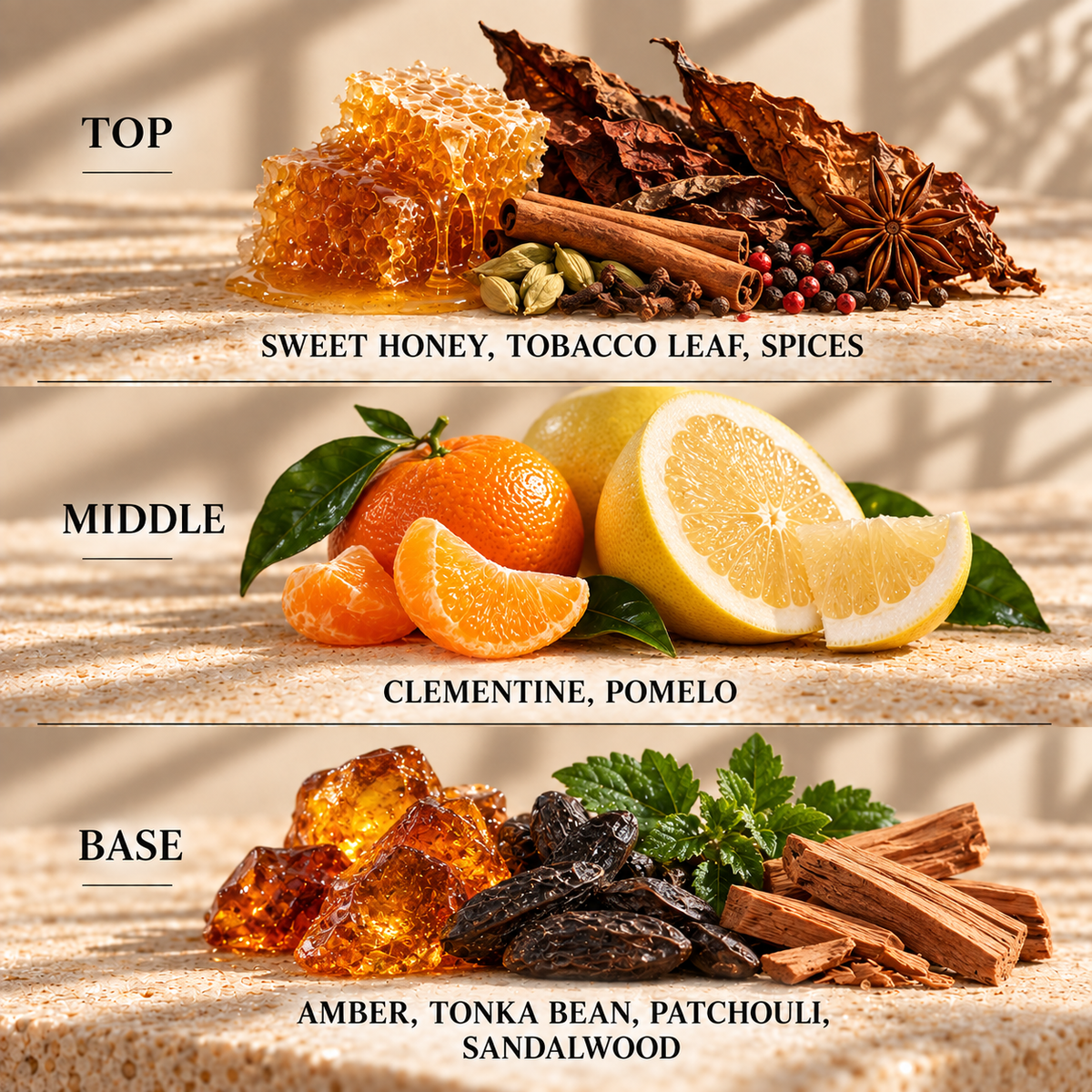 Top, middle and base scent notes for Dark Honey & Amber woody inspired wax melt by Smith & Kennedy Scents