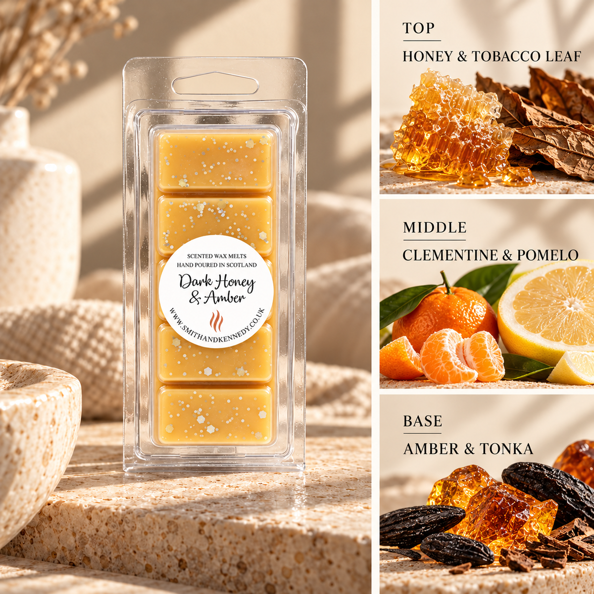 Dark Honey & Amber woody inspired wax melt snap bar by Smith & Kennedy Scents