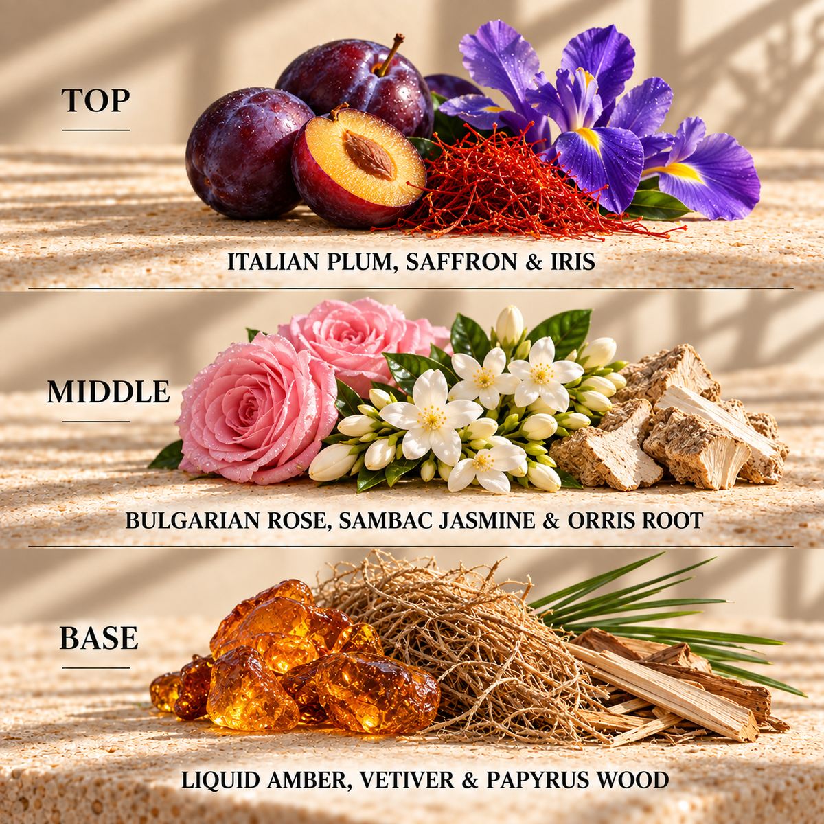 Top, middle and base scent notes for Decadence perfume inspired wax melt by Smith & Kennedy Scents