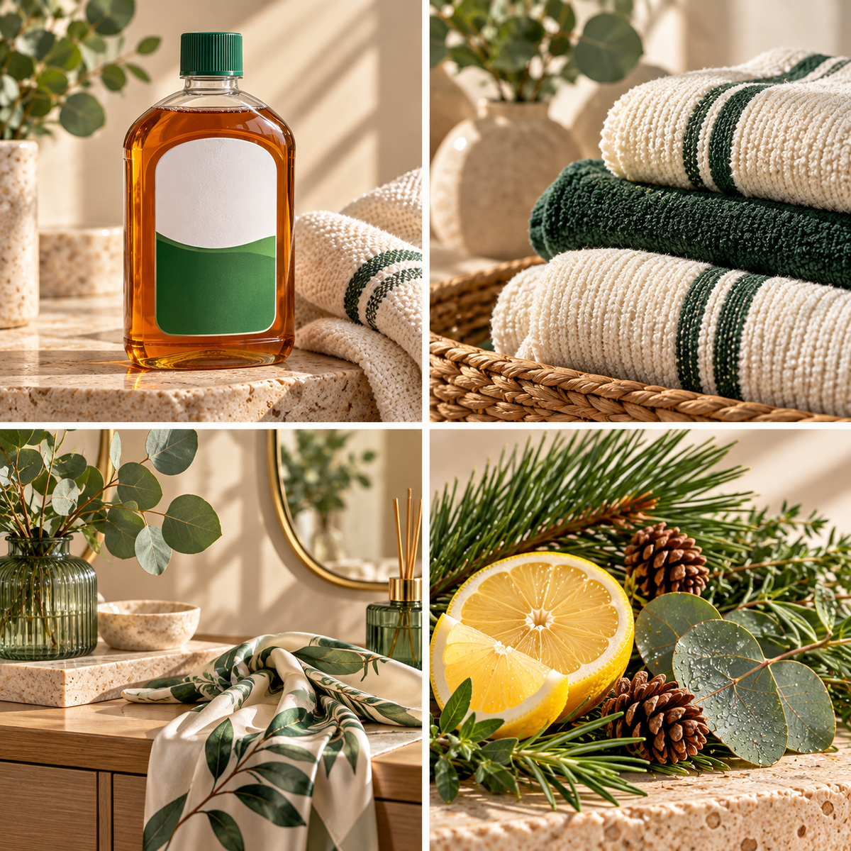 Dettol wax melt mood board with an amber cleaner bottle, green details and clean home textures.