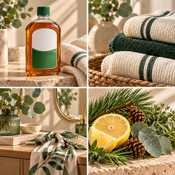 Dettol wax melt mood board with an amber cleaner bottle, green details and clean home textures.