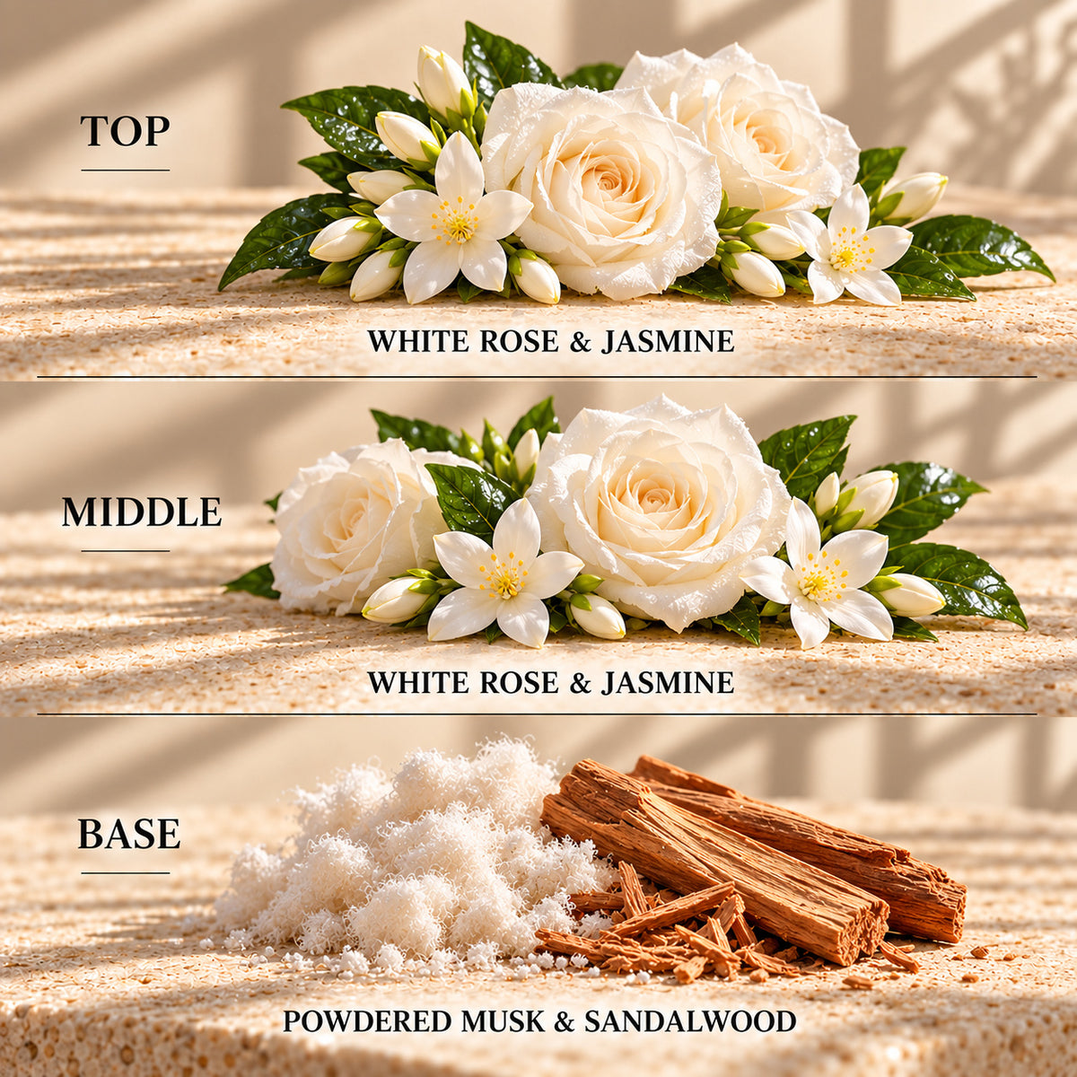 Top, middle and base scent notes for Dove laundry inspired wax melt by Smith & Kennedy Scents