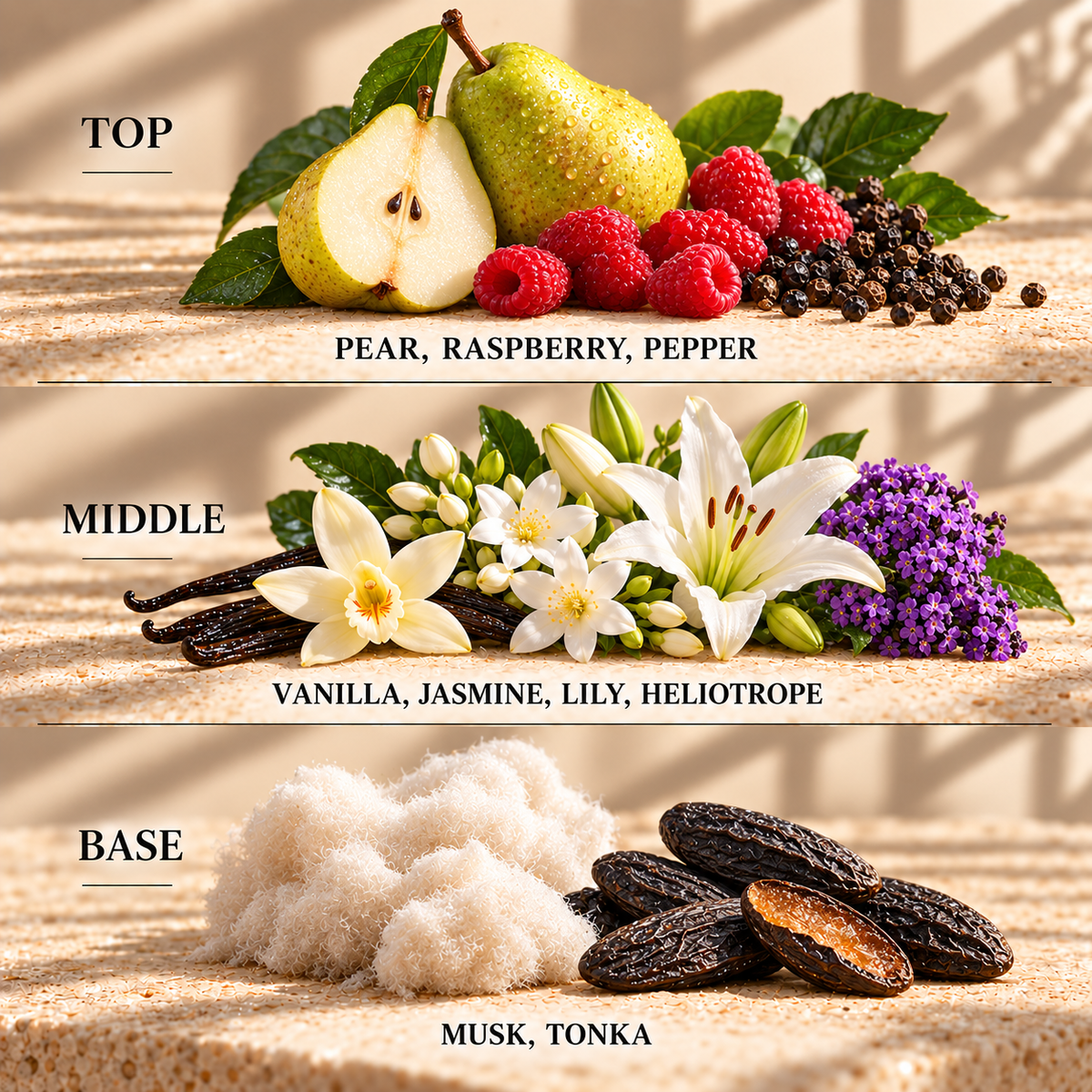 Top, middle and base scent notes for English Pear & Vanilla floral inspired wax melt by Smith & Kennedy Scents