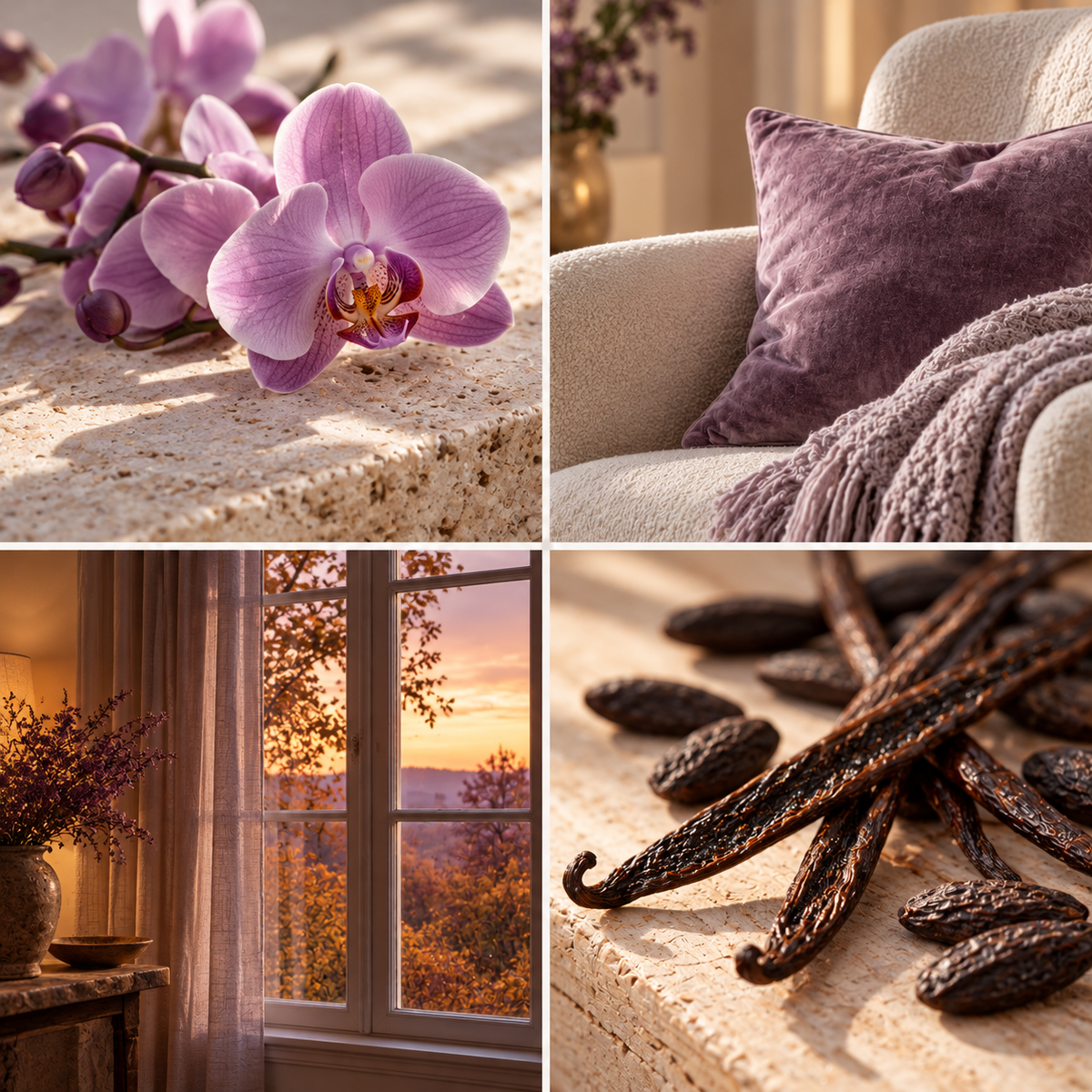 Four-panel mood board for Equinox No. 9 wax melts: orchids, a lilac cushion, autumn evening light and vanilla with tonka.