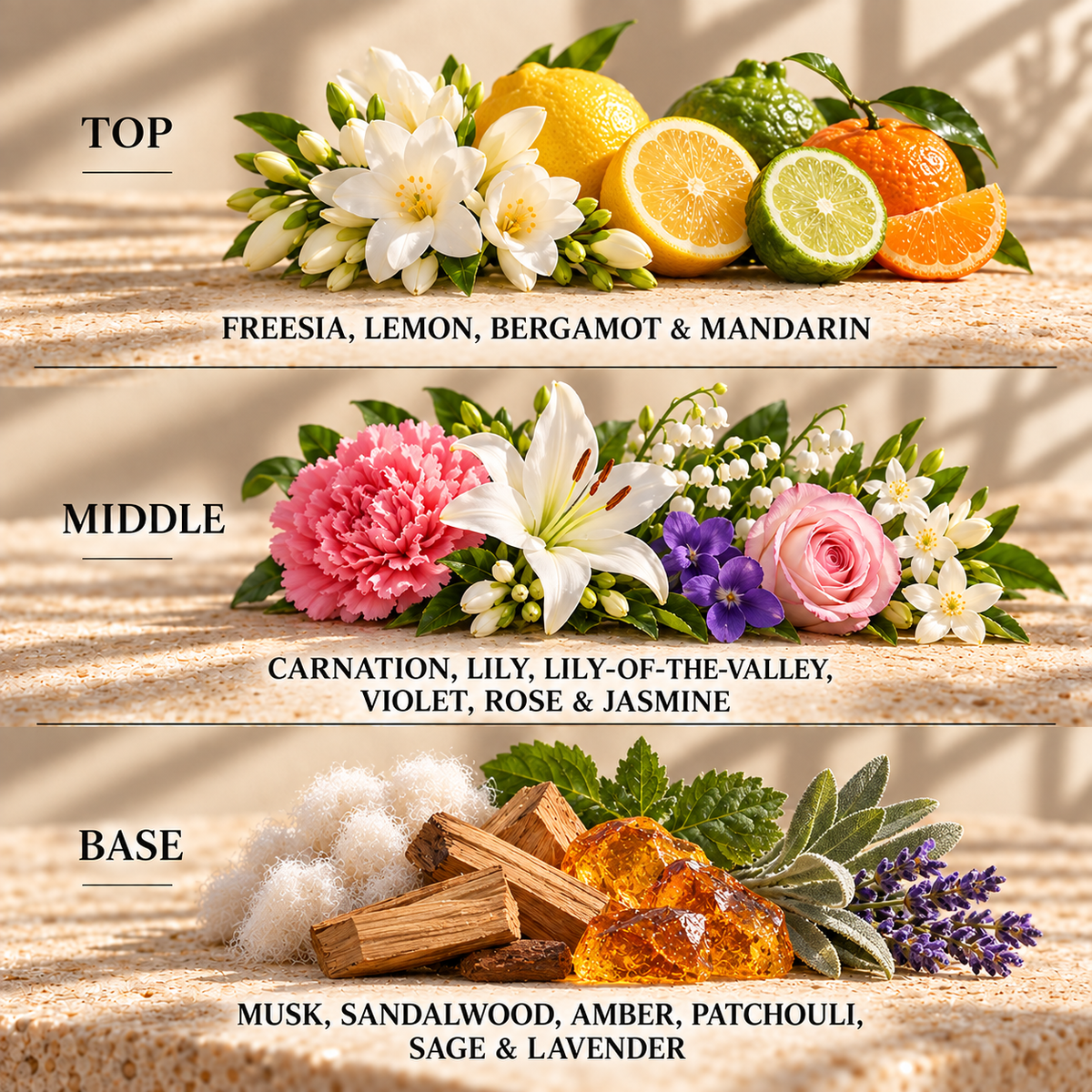 Top, middle and base scent notes for Eternity perfume inspired wax melt by Smith & Kennedy Scents